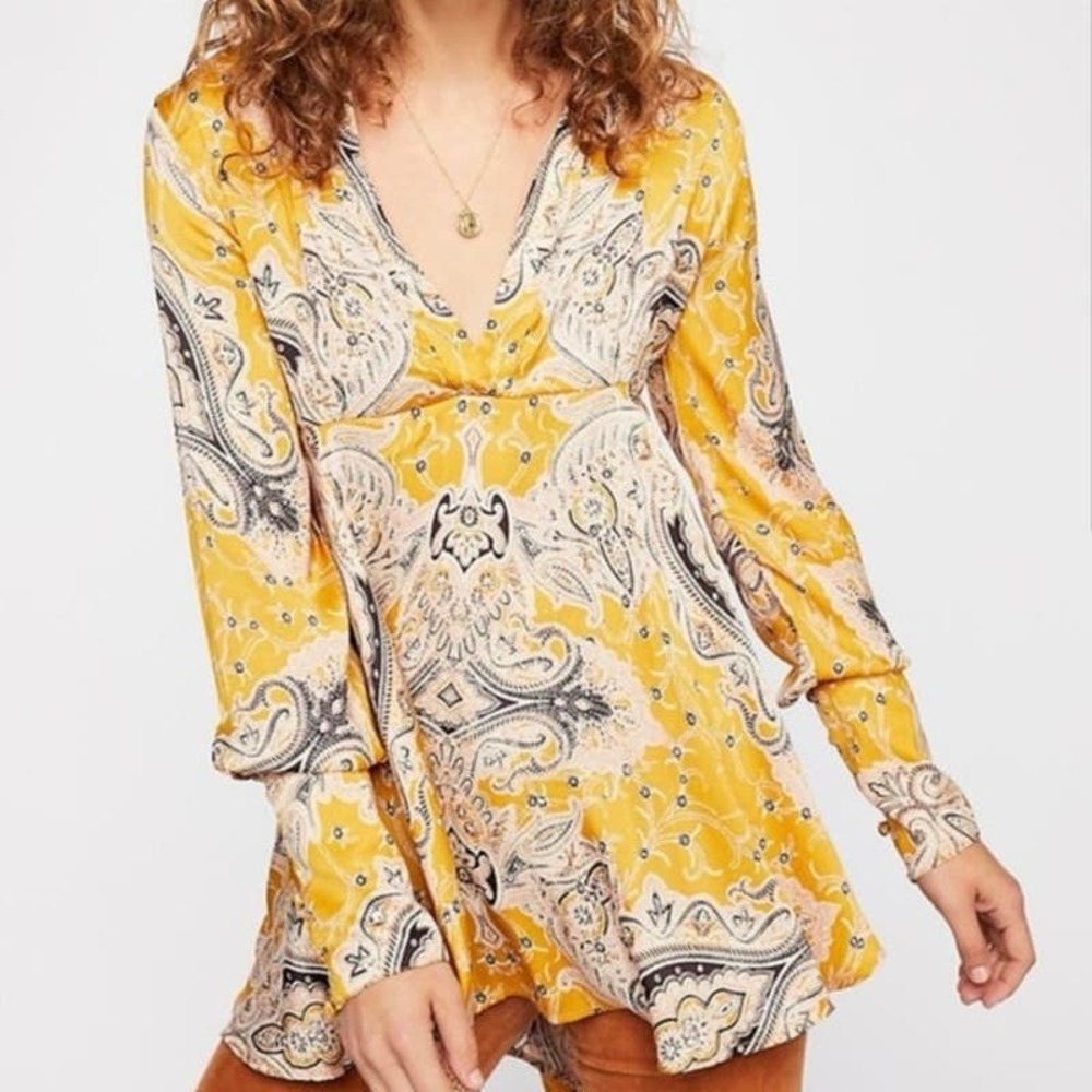 Free People Field Of Butterflies Tunic S Yellow Paisley Print Boho Long Top